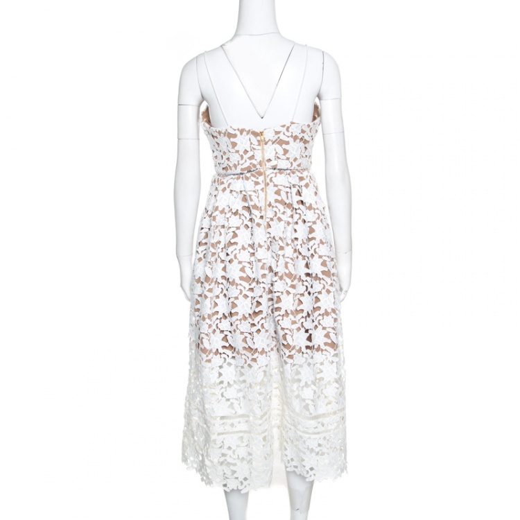 Pre Owned Self Portrait White Floral Guipure Lace Noodle Strap Azaelea Midi Dress M