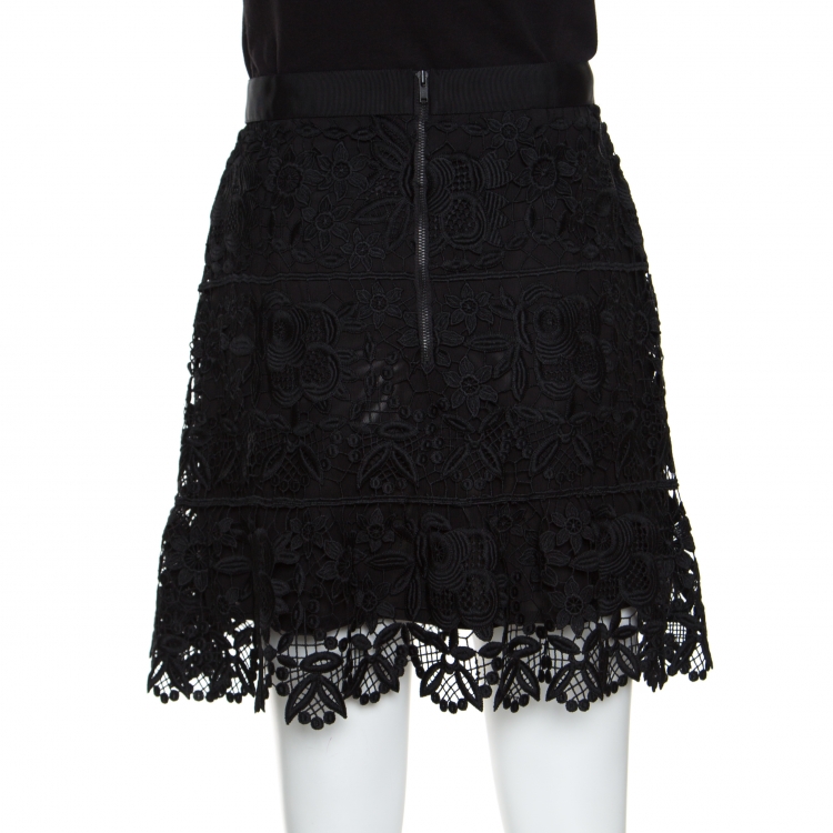 Pre Owned Self Portrait Black Floral Guipure Lace Peplum Mini Skirt M