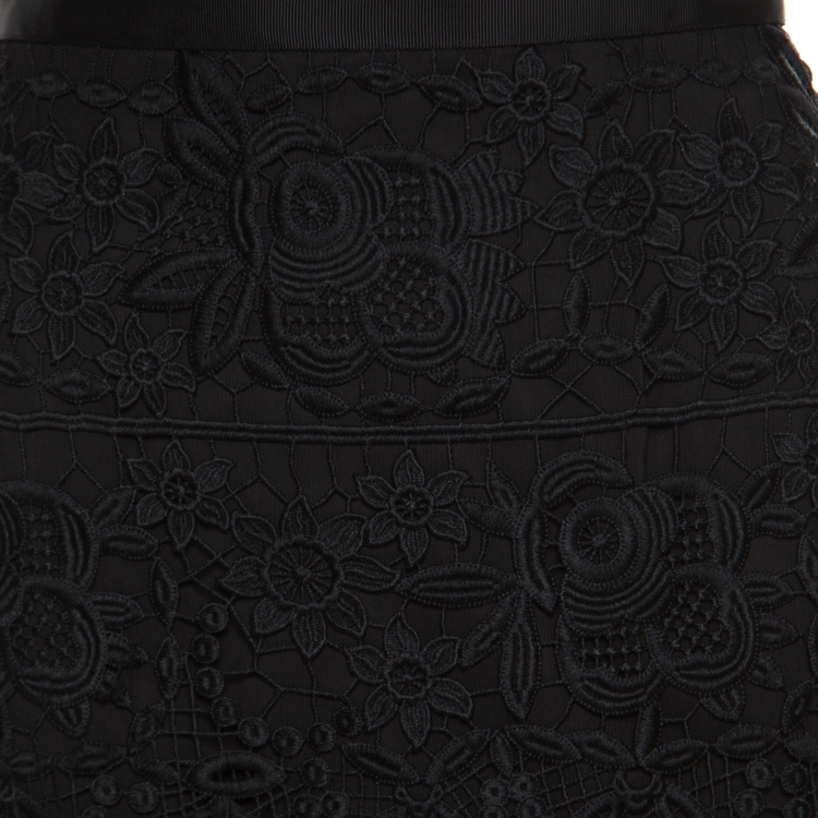 Pre Owned Self Portrait Black Floral Guipure Lace Peplum Mini Skirt M