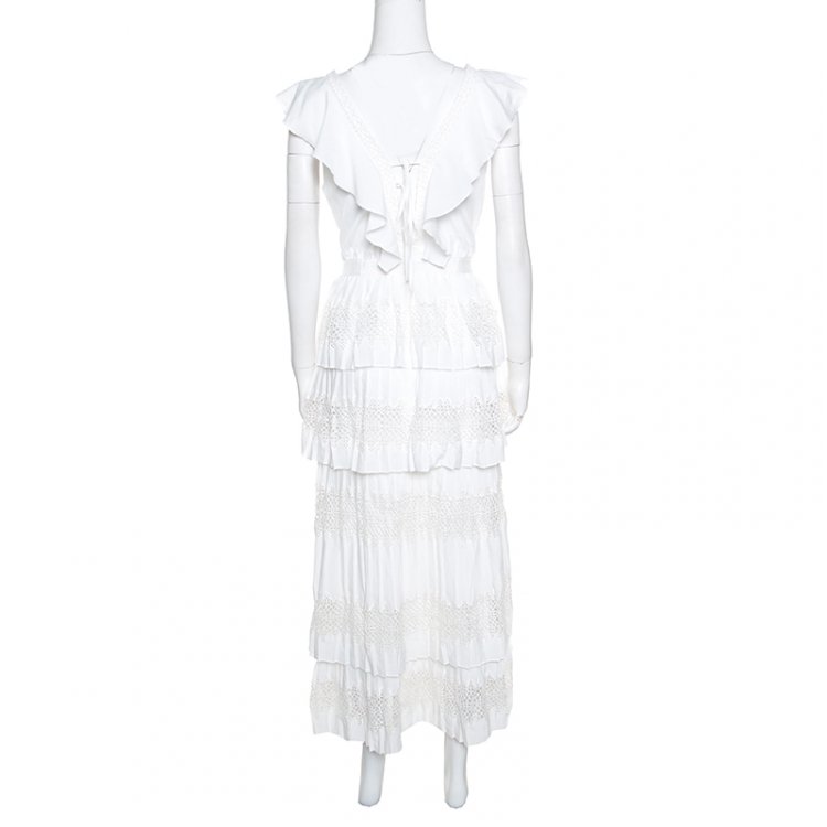 Pre Owned Self Portrait White Flounced Tiered Lace Sleeveless Victoria Midi Dress L