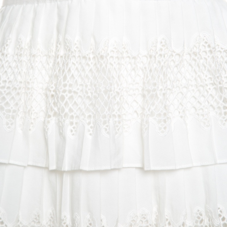 Pre Owned Self Portrait White Flounced Tiered Lace Sleeveless Victoria Midi Dress L