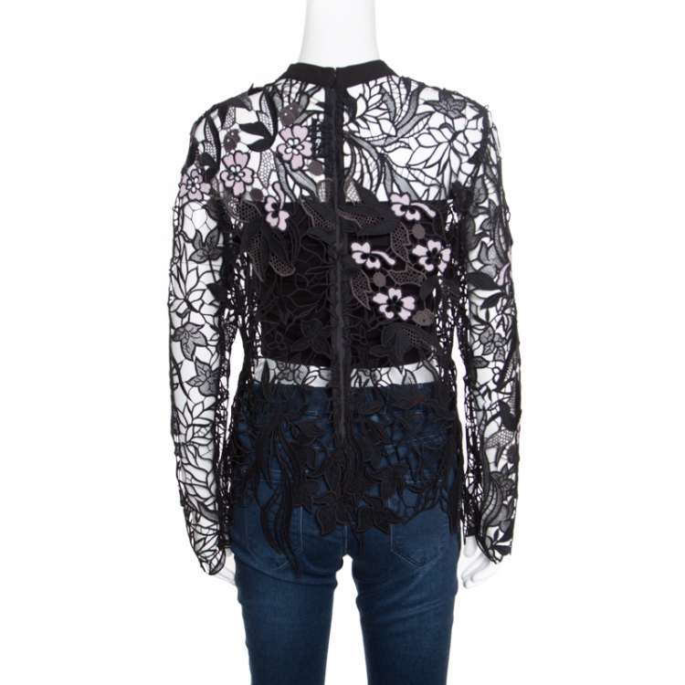 Pre Owned Self Portrait Black Vine Guipure Sheer Lace Blouse M