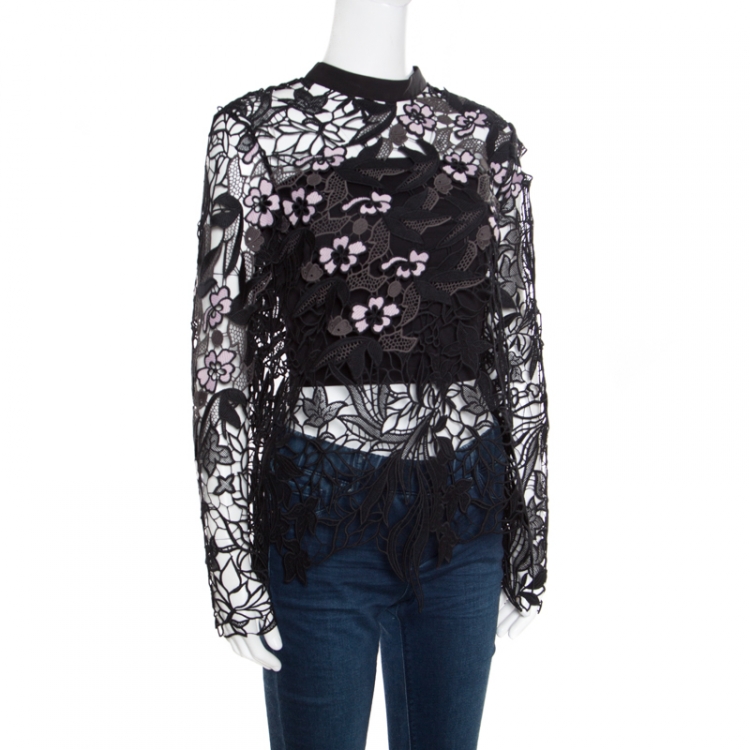 Pre Owned Self Portrait Black Vine Guipure Sheer Lace Blouse M