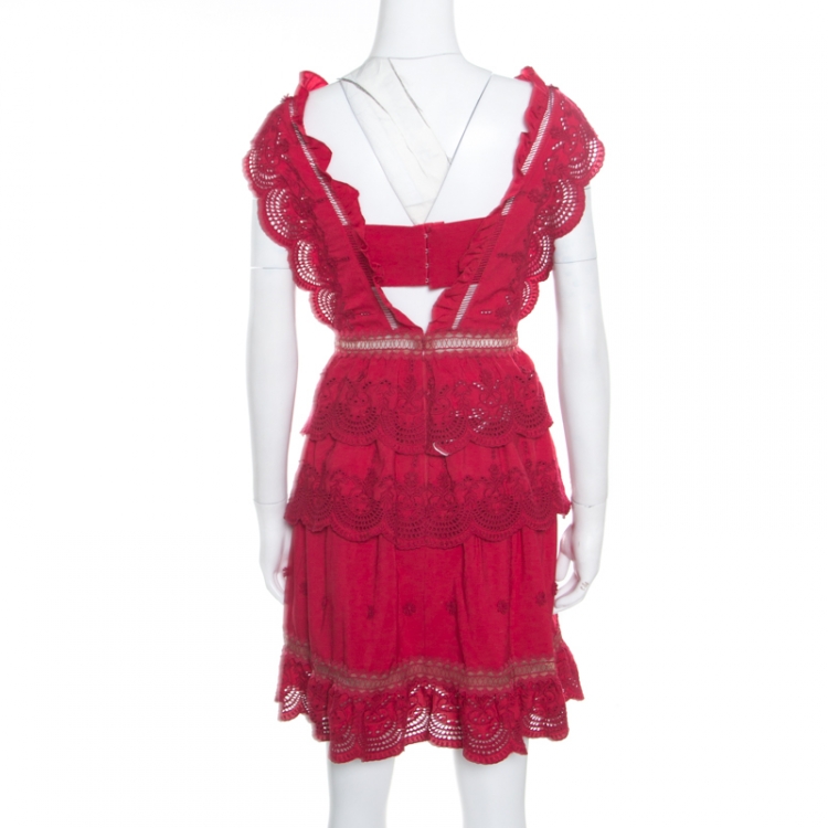 مملوكة مسبقًا Self Portrait Raspberry Red Eyelet Embroidered Tiered Sleeveless Peplum Dress M