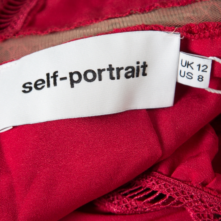 مملوكة مسبقًا Self Portrait Raspberry Red Eyelet Embroidered Tiered Sleeveless Peplum Dress M