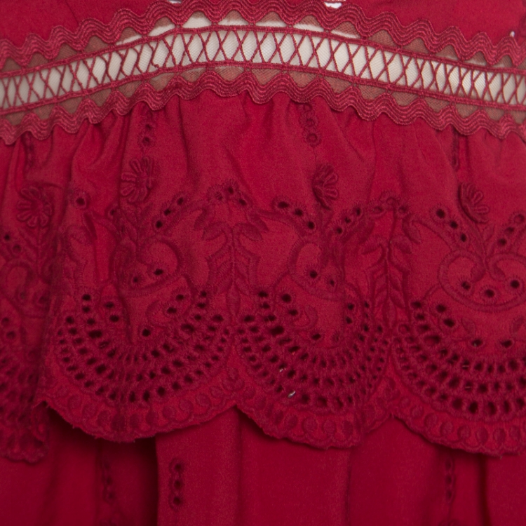 مملوكة مسبقًا Self Portrait Raspberry Red Eyelet Embroidered Tiered Sleeveless Peplum Dress M