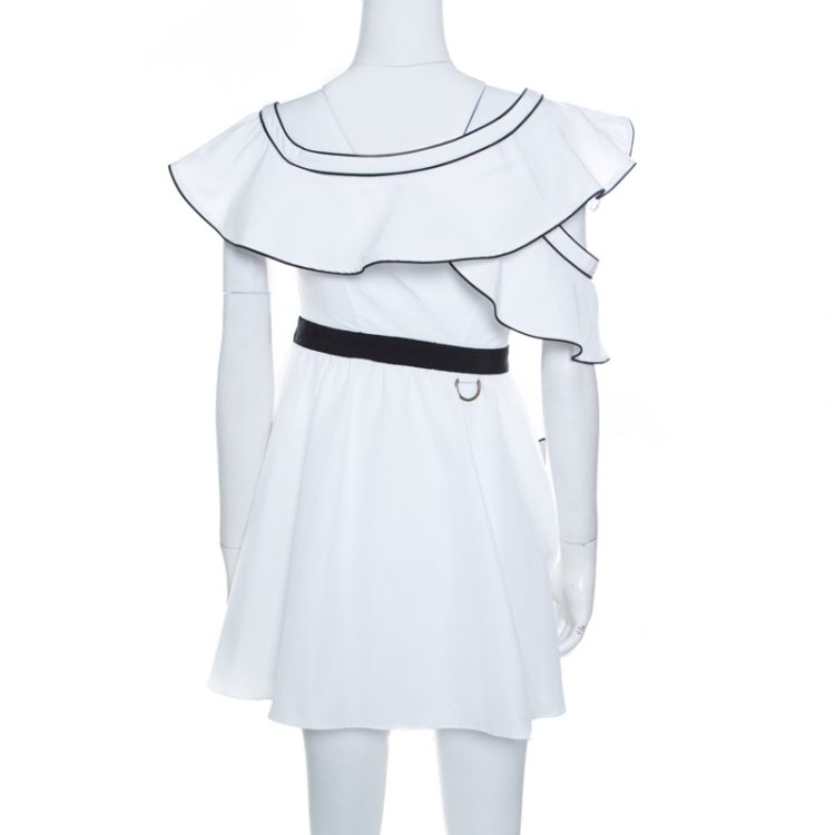 Pre Owned Self Portrait White Cotton Silk Contrast Piping Detail Asymmetric Shoulder Frill Dress S