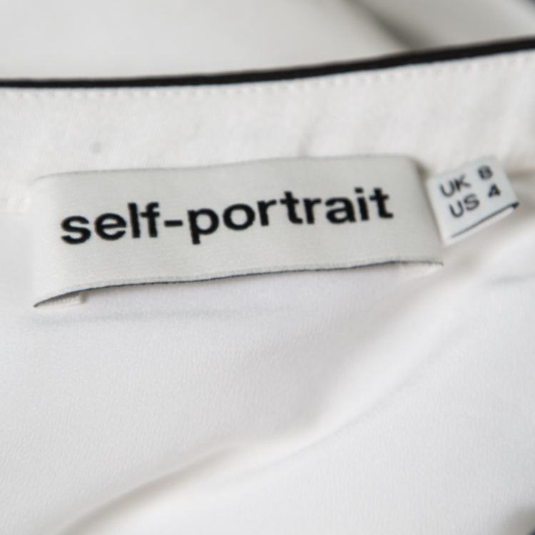 Pre Owned Self Portrait White Cotton Silk Contrast Piping Detail Asymmetric Shoulder Frill Dress S