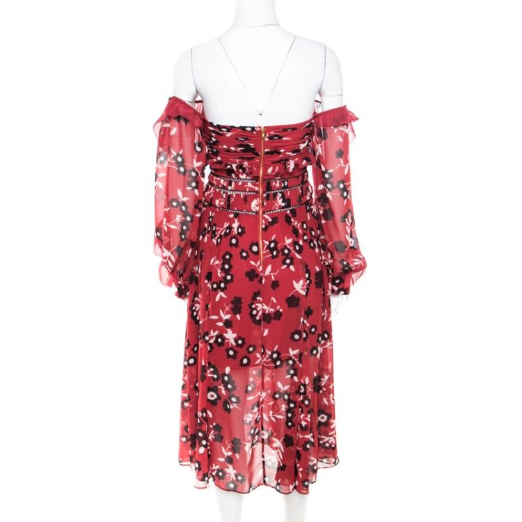 Pre Owned Self Portrait Red and Black Floral Printed Lace Insert Off Shoulder Dress S