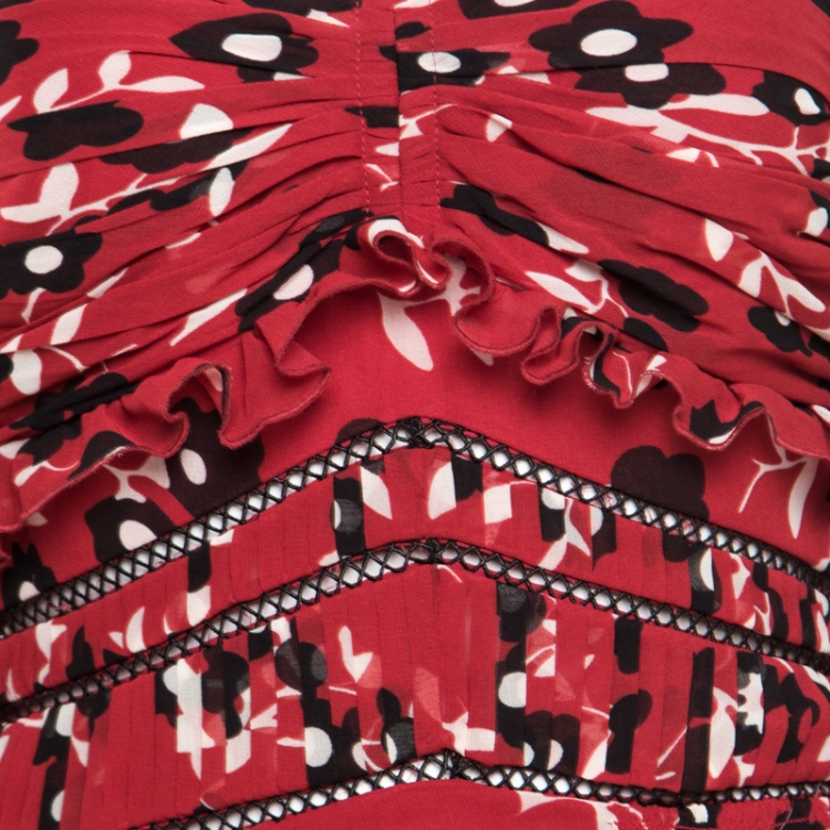 Pre Owned Self Portrait Red and Black Floral Printed Lace Insert Off Shoulder Dress S