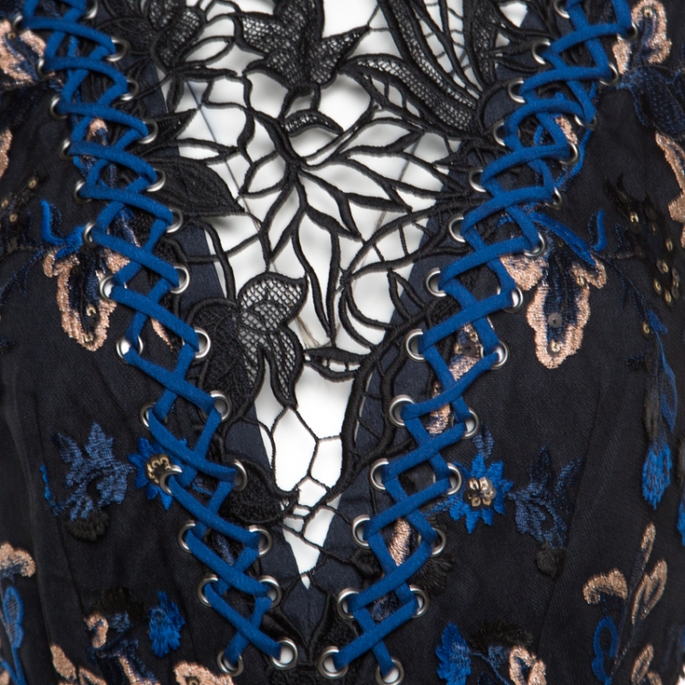 Pre Owned Self Portrait Black and Blue Floral Sequined Guipure Lace Sleeveless Clementine Mini Dress S