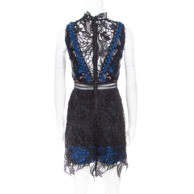 Pre Owned Self Portrait Black and Blue Floral Sequined Guipure Lace Sleeveless Clementine Mini Dress S
