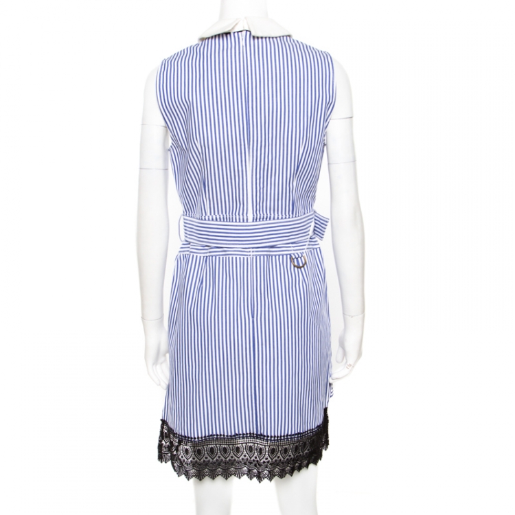 Pre Owned Self Portrait Blue Striped Cotton Belted Sleeveless Mini Dress M