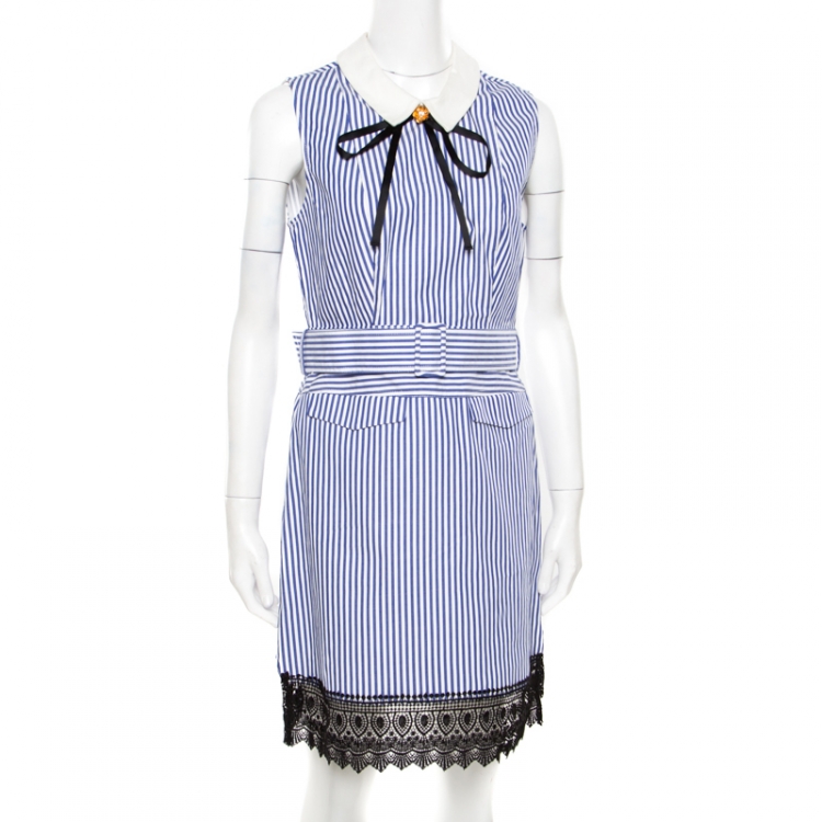 Pre Owned Self Portrait Blue Striped Cotton Belted Sleeveless Mini Dress M