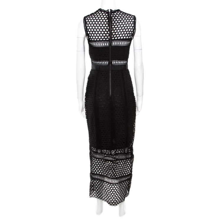 Pre Owned Self Portrait Black Eyelet Lace Sheer Paneled Sleeveless Midi Dress S