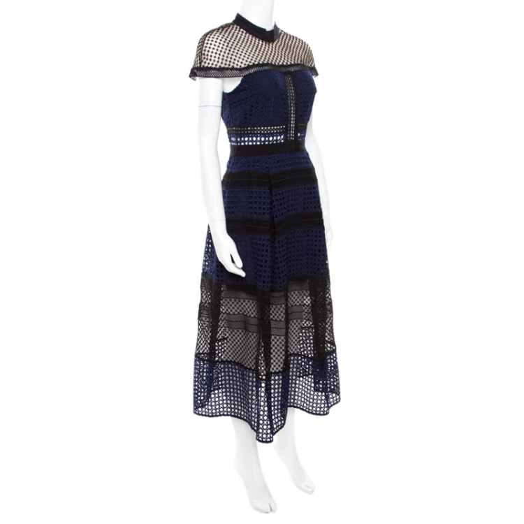 Pre Owned Self Portrait Navy Blue and Black Paneled Lace Crosshatch Detail Midi Dress M