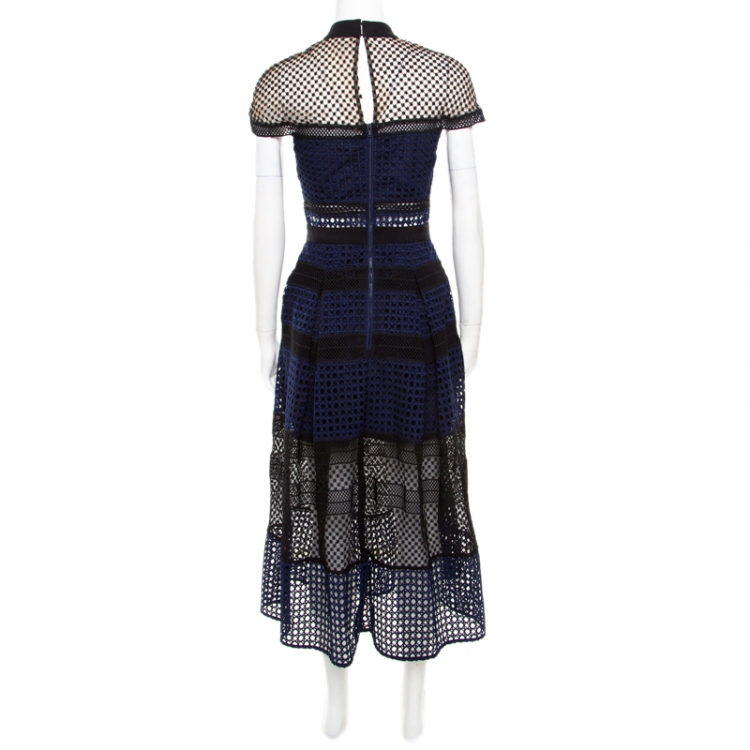 Pre Owned Self Portrait Navy Blue and Black Paneled Lace Crosshatch Detail Midi Dress M