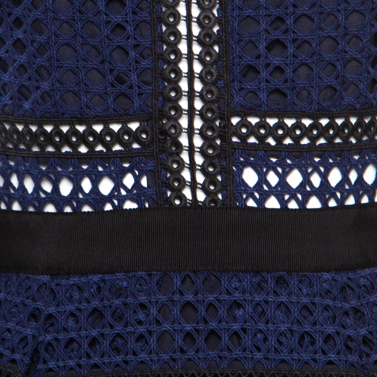 Pre Owned Self Portrait Navy Blue and Black Paneled Lace Crosshatch Detail Midi Dress M
