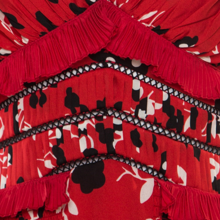 Pre Owned Self Portrait Red and Black Floral Printed Lace Insert Cold Shoulder Dress M
