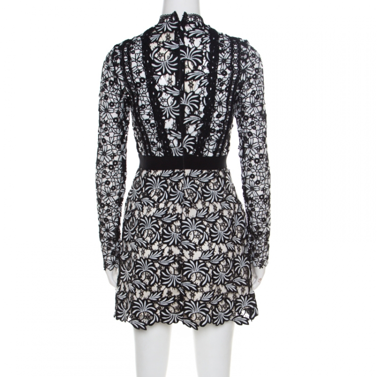 Pre Owned Self Portrait Monochrome Floral Guipure Lace Scalloped Antoinette Mini Dress S