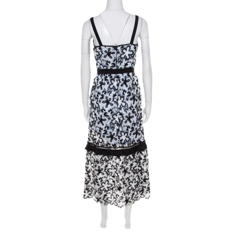 مملوكة مسبقًا Self Portrait Monochrome Guipure Lace Overlay Sleeveless Midi Dress S