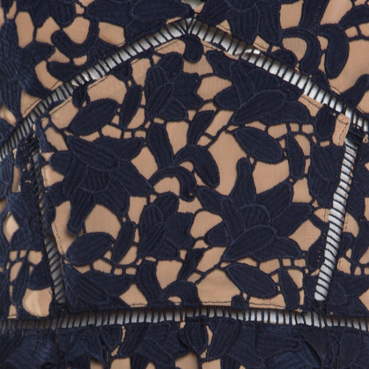 Pre Owned Self Portrait Navy Blue Floral Guipure Lace Noodle Strap Azaelea Midi Dress M