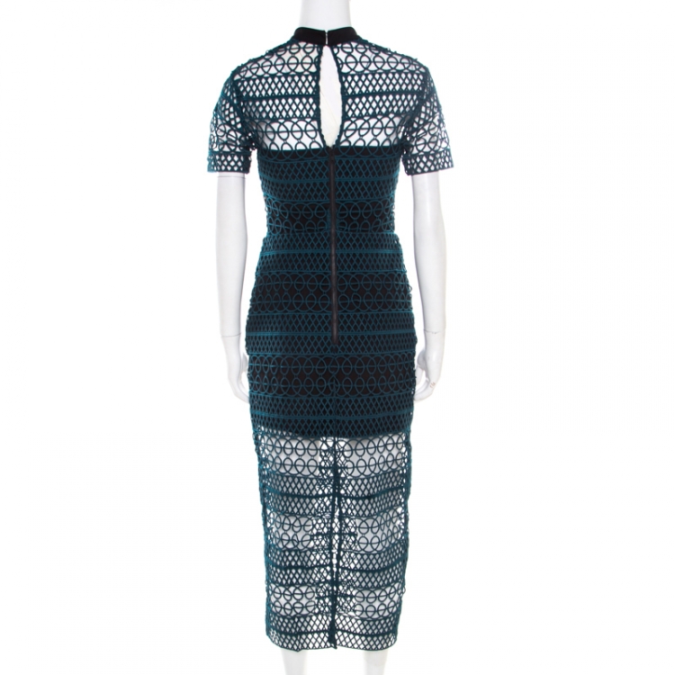 مملوكة مسبقًا Self Portrait Teal Green Embroidered Lace Column Midi Dress M
