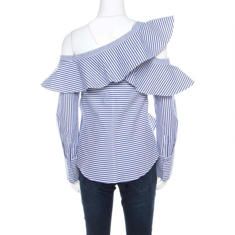 Pre Owned Self Portrait Blue and White Striped Ruffle Detail Off Shoulder Asymmetric Shirt S