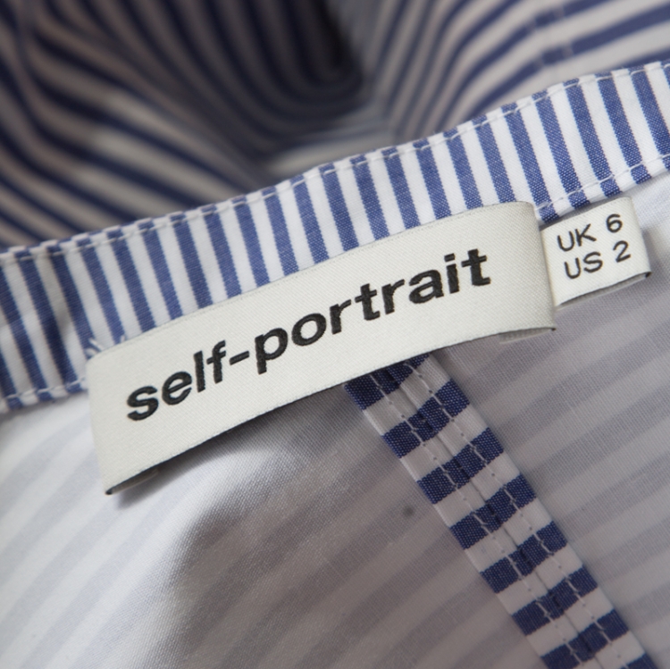 Pre Owned Self Portrait Blue and White Striped Ruffle Detail Off Shoulder Asymmetric Shirt S