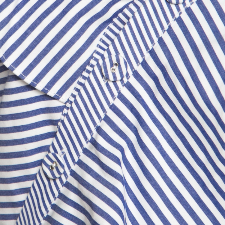 Pre Owned Self Portrait Blue and White Striped Ruffle Detail Off Shoulder Asymmetric Shirt S