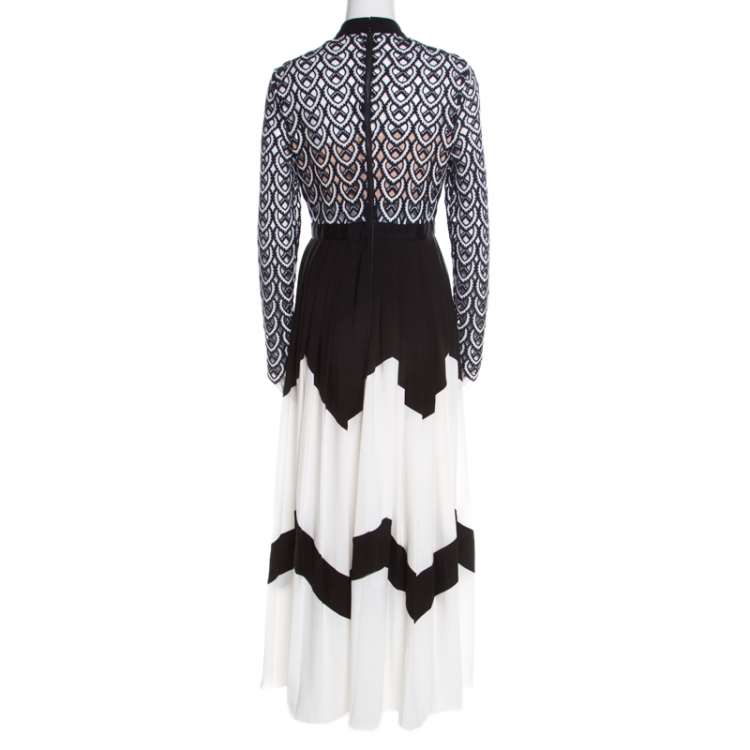 Pre Owned Self Portrait Monochrome Sweetheart Lace Long Sleeve Maxi Dress M
