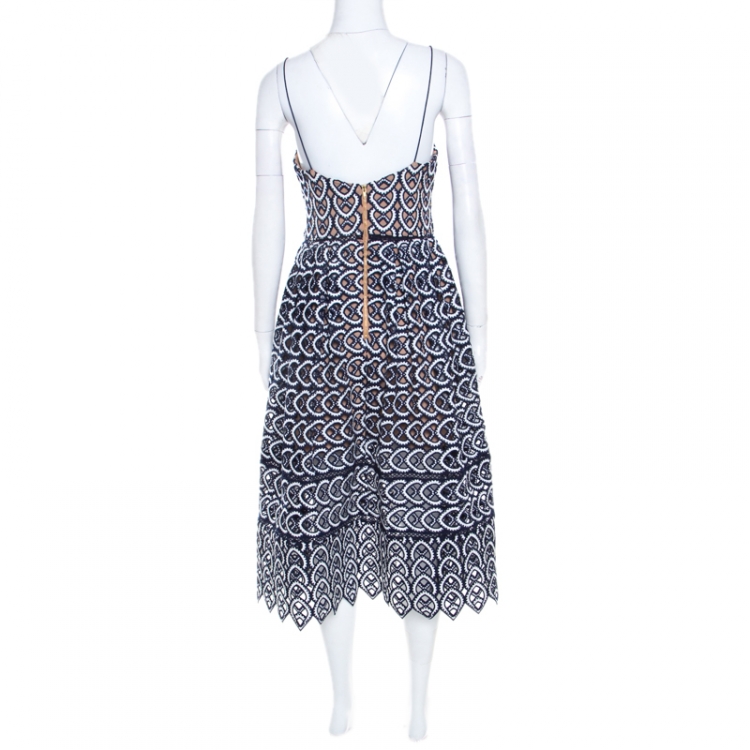 Pre Owned Self Portrait Navy Blue And White Embroidered Sweetheart Azaelea Dress M
