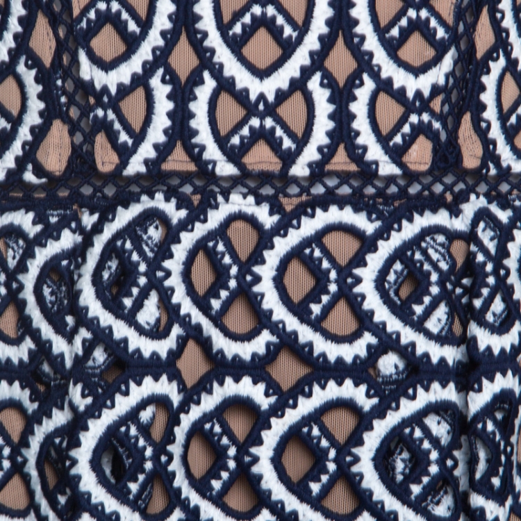 Pre Owned Self Portrait Navy Blue And White Embroidered Sweetheart Azaelea Dress M