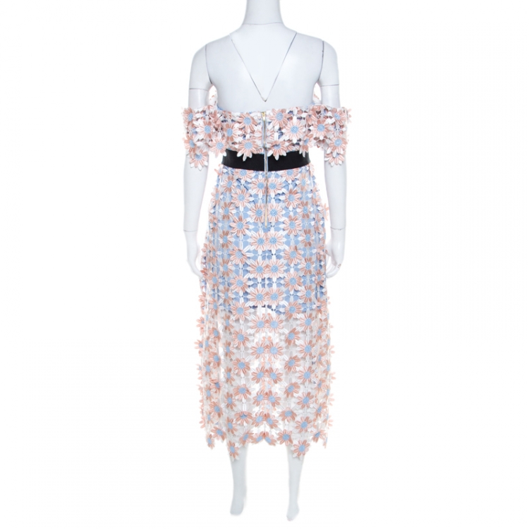 Pre Owned Self Portrait Peach Floral Lace Applique Off Shoulder Midi Dress S