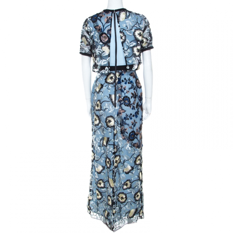 Pre Owned Self Portrait Blue Floral Embroidered Layered Florentine Maxi Dress S