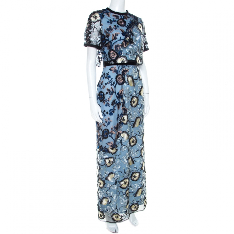 Pre Owned Self Portrait Blue Floral Embroidered Layered Florentine Maxi Dress S