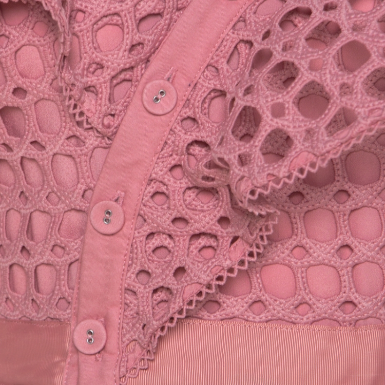Pre Owned Self-Portrait Pink Guipure Lace Asymmetric Cold Shoulder Fit and Flare Mini Dress S