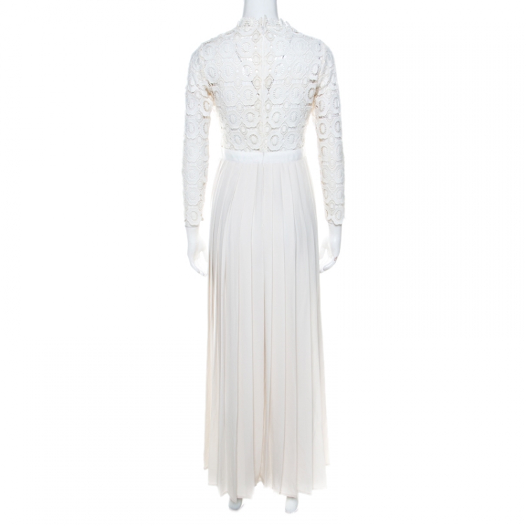 Pre Owned Self Portrait Cream Crepe Crochet Bodice Maxi Dress M