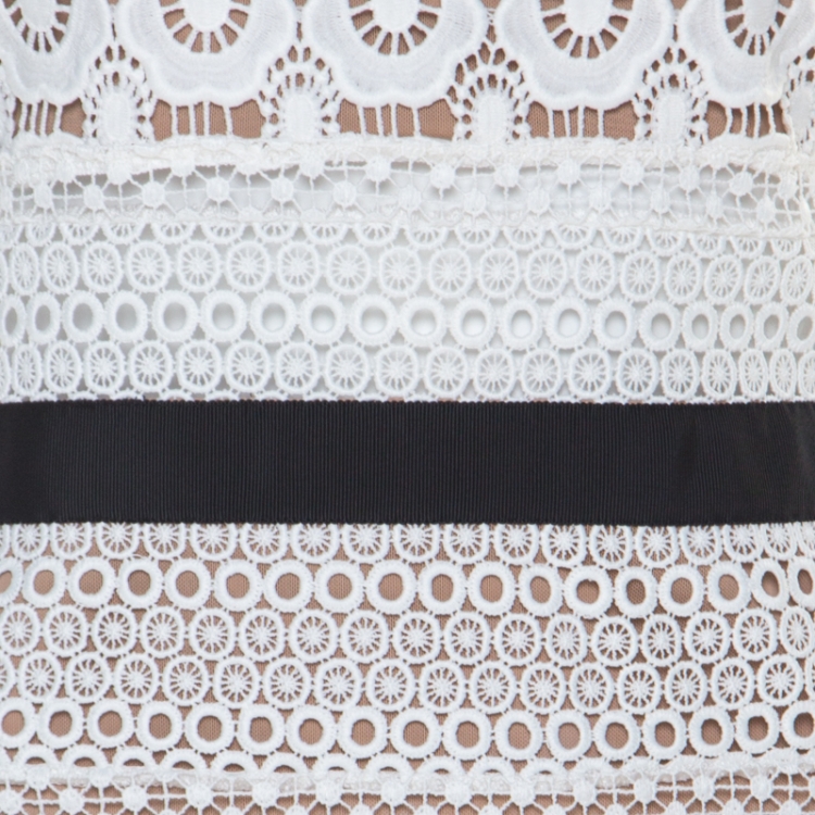 Pre Owned Self Portrait White Oblique Lace Contrast Waist Trim Mini Dress M 