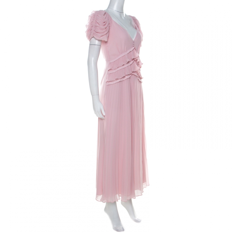 Pre Owned Self-Portrait Pink Chiffon Voluminous Sleeve Ruffle Waist Detail Dress S