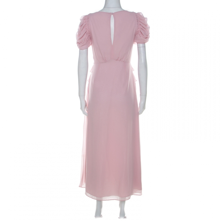 Pre Owned Self-Portrait Pink Chiffon Voluminous Sleeve Ruffle Waist Detail Dress S