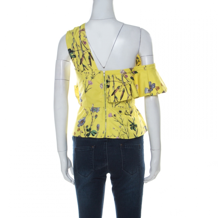 Pre Owned Self-Portrait Yellow Floral Print Crepe Asymmetric Peplum Top S