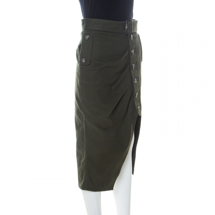 Pre Owned Self Portrait Green Stretch Cotton Asymmetric Belted Midi Skirt S