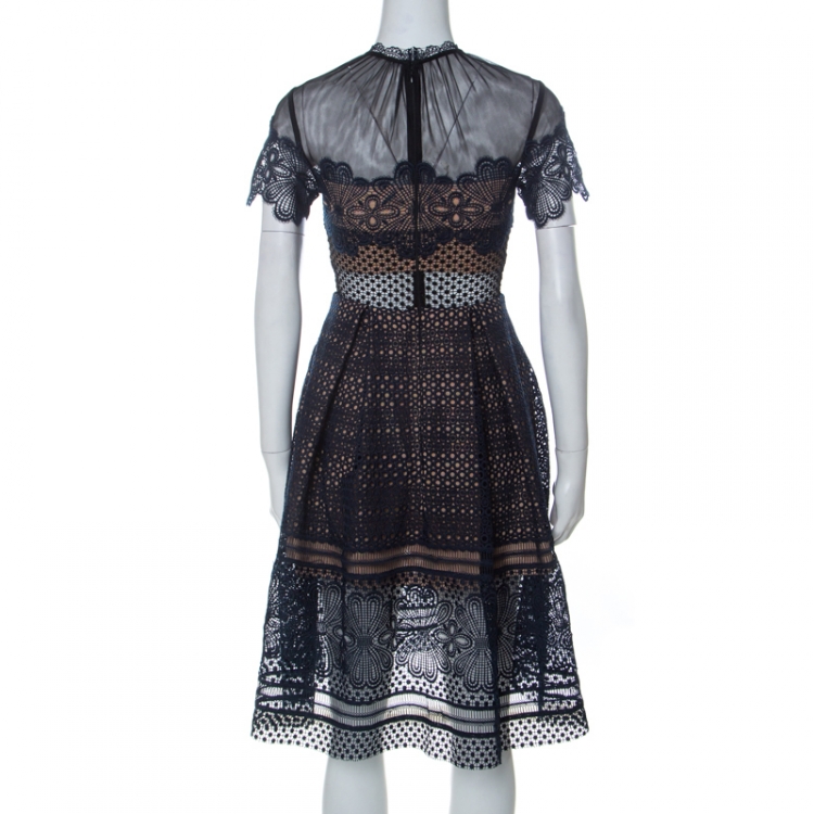 Pre Owned Self Portrait Navy Blue Mesh Yoke Guipure Lace Fit & Flare Felicia Dress S