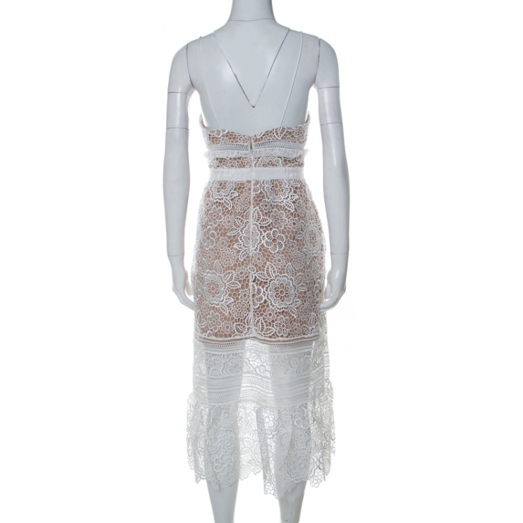 Pre Owned Self Portrait White Guipure Lace Sheer Ruffled Hem Floral Blush Midi Dress M