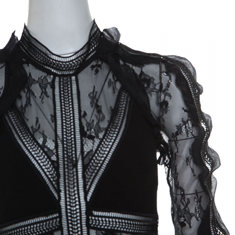Pre Owned Self Portrait Black Stretch Knit and Lace Bodice Fitted Jumpsuit S