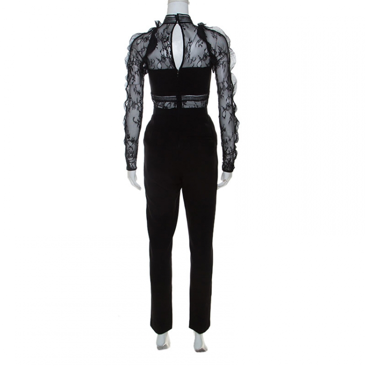 Pre Owned Self Portrait Black Stretch Knit and Lace Bodice Fitted Jumpsuit S