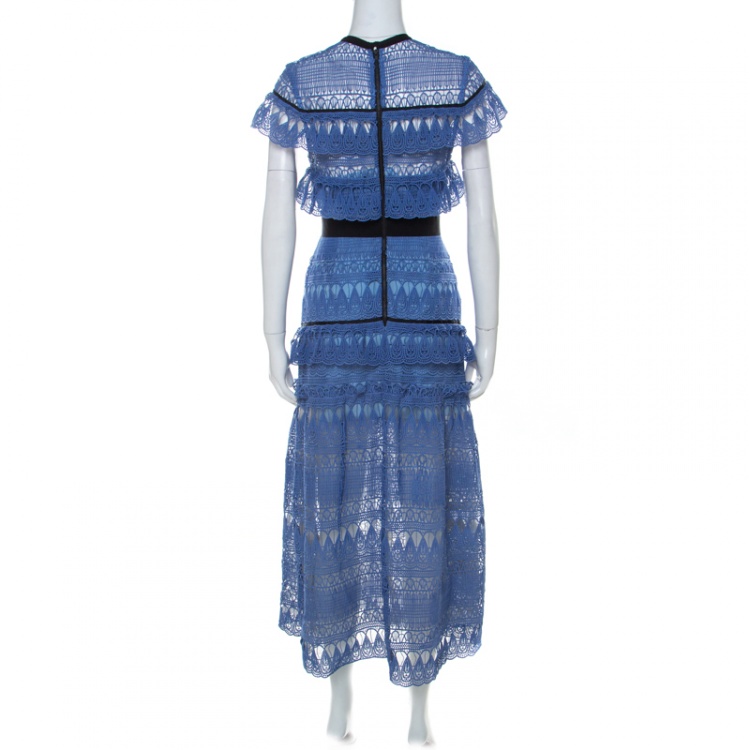 Pre Owned Self-Portrait Blue Teardrop Guipure Lace Ruffled Daphne Midi Dress M
