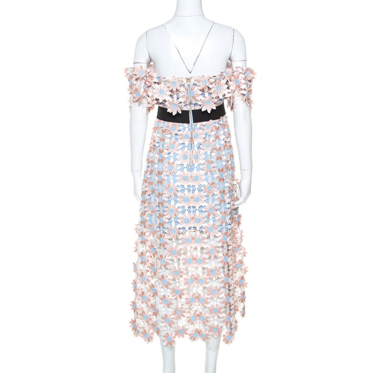 Pre Owned Self-Portrait Peach Floral Lace Applique Off Shoulder Midi Dress M