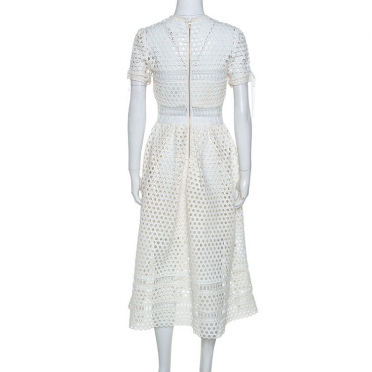 Pre Owned Self-Portrait White Crochet Knit Midi Dress M